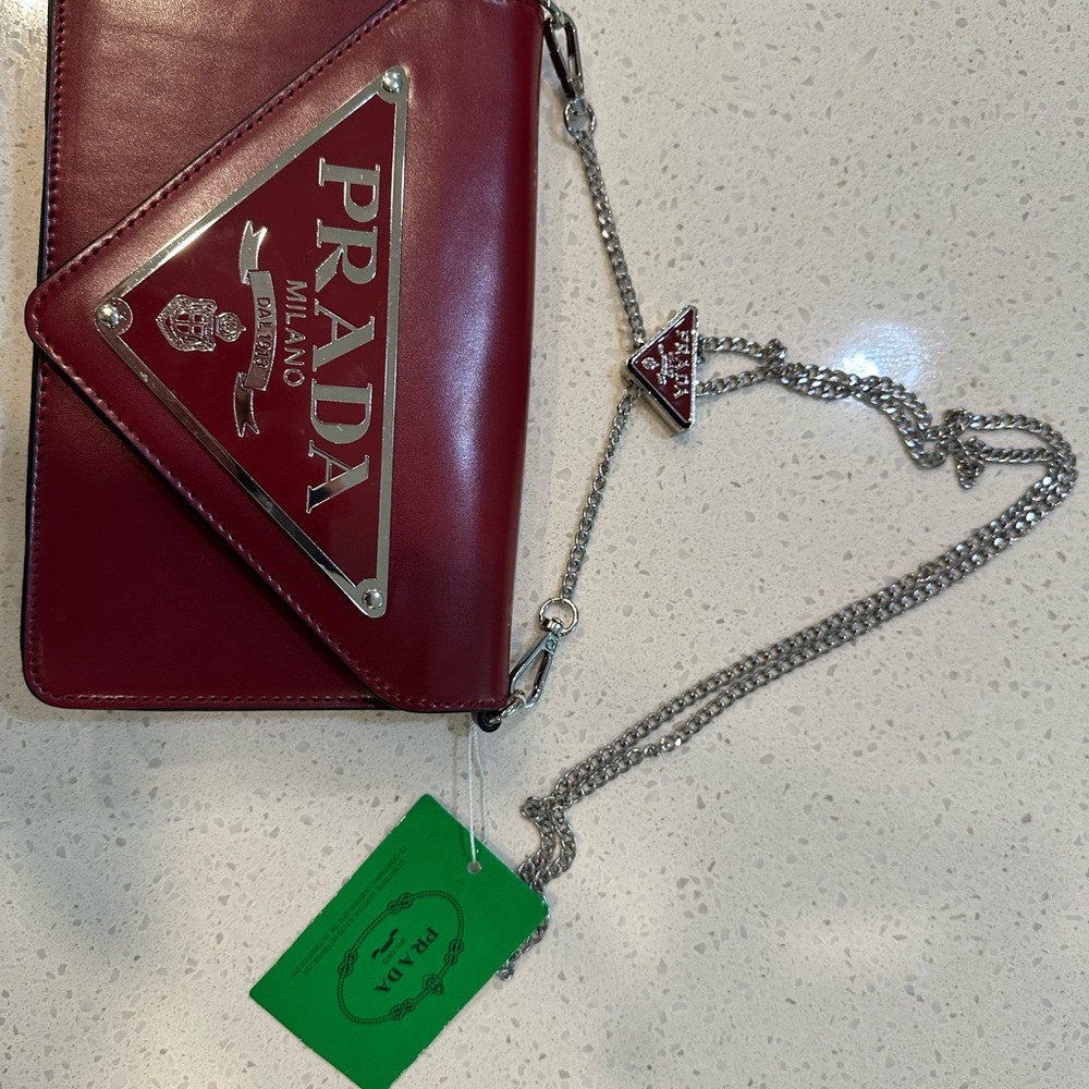 Prada Red Leather Shoulder Bag with Silver Chain